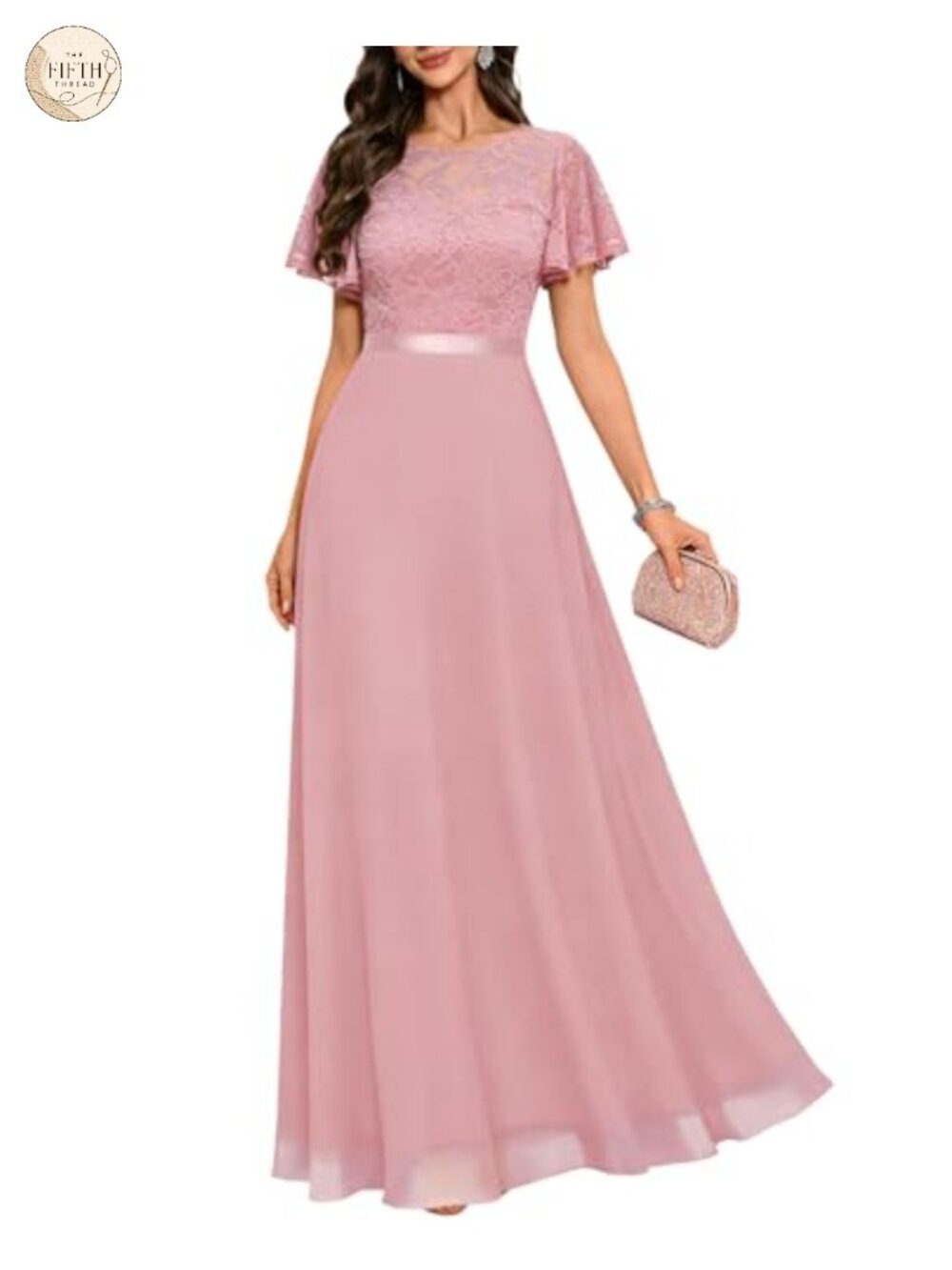 Formal Lace Chiffon Gown Maxi Dress V-Back Short Sleeve Wedding Guest Prom
